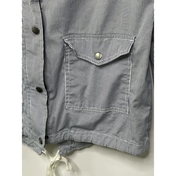 So Pinstriped Long Sleeve Snap Button Field Hooded Jacket Blue/White Women's M - Picture 3 of 9